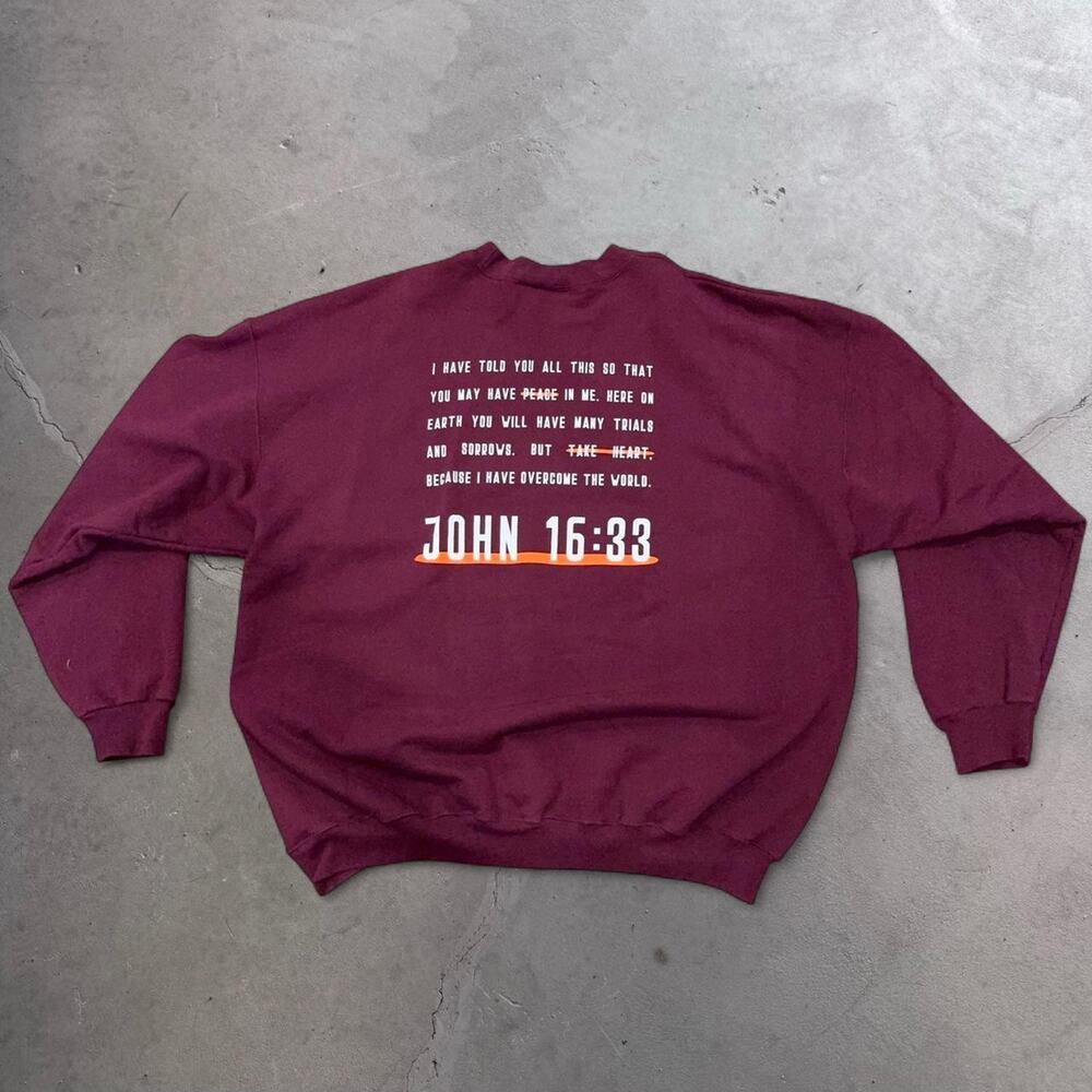 Vtg 90s Jesus Christian Verse Sweatshirt John 16:33 Burgundy 2XL